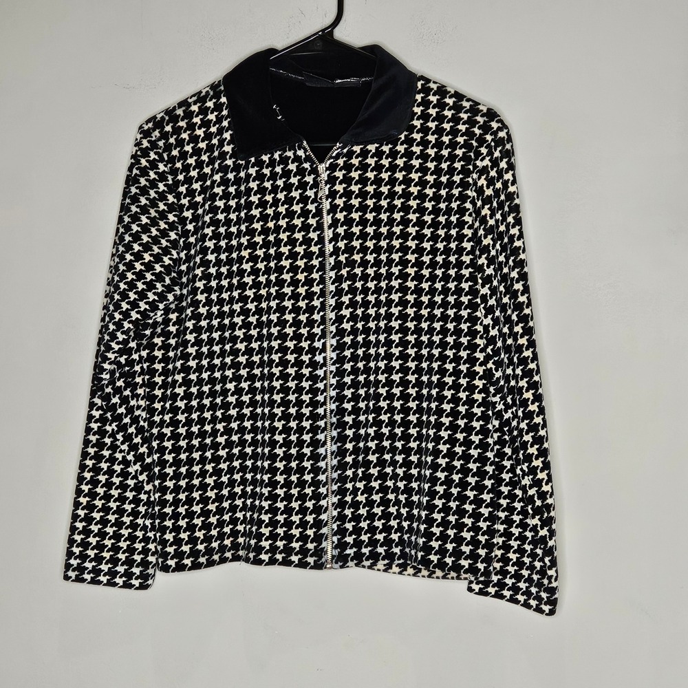 Vtg Black‎ White Houndstooth Velour Med Full Zip Jacket Comfort Holiday Capsule